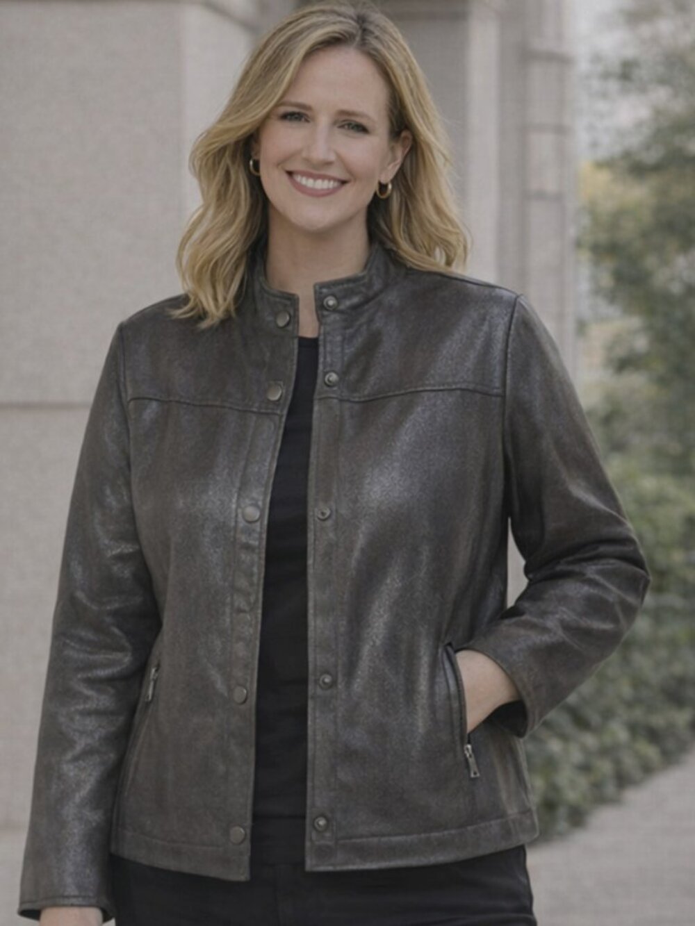 Chico’s Faux Leather Metallic Black Jacket Chicos Size 3(XL)